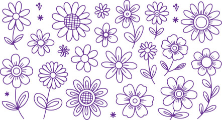 Purple Line Art Daisy and Wildflower Doodle Collection