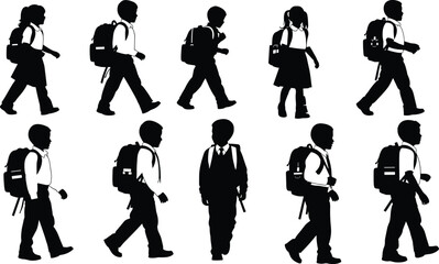 Obraz premium School children silhouettes, walking with backpacks, student group, school uniform, daily routine, education concept, boys and girls, cad drawing flat vector illustration