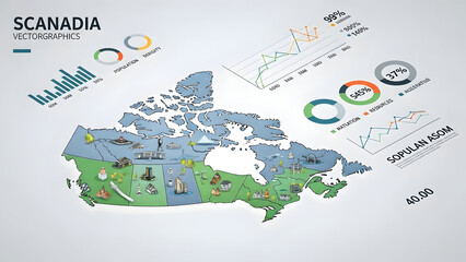 Scandia map with statistical business graphs and charts.