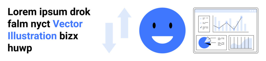 happy face and upward-downward arrows beside data charts with graphs and pie chart. Ideal for analytics, statistics, data trends, growth concepts, presentation, business, simple landing page