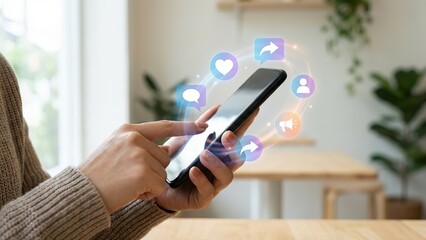Social media marketing concept with floating notification icons on smartphone