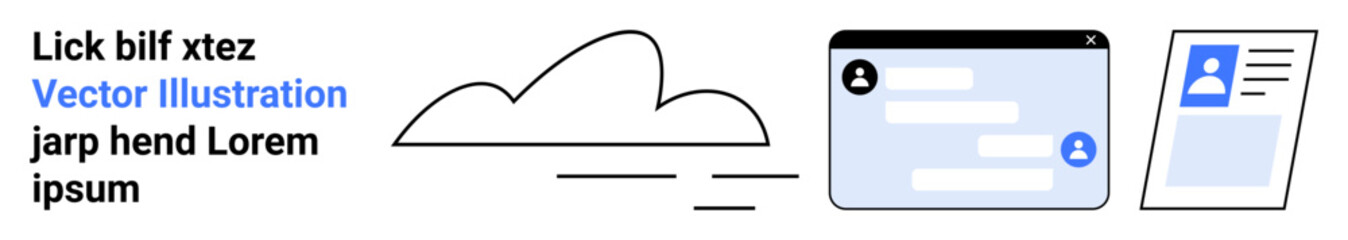 Fototapeta premium Cloud storage, digital communication, user profiles, online identity, interface design, and technology icons. A cloud, chat interface and profile card. Cloud storage and digital communication