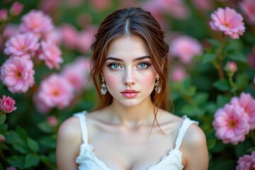Naklejka premium Smiling woman in a spring garden surrounded by pink and lilac flowers.