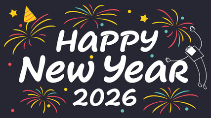 Obraz premium Festive Happy New Year 2026 Celebration Artwork with Fireworks, Party Hat, and Confetti, Perfect for Holiday Greetings and Celebratory Designs