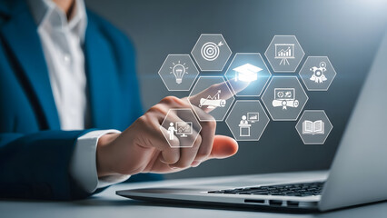 Business person touching smart home technology icons on screen