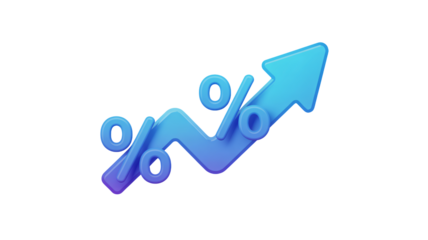 3d rendering of a blue gradient percentage symbol moving upward on a rising arrow graph on black