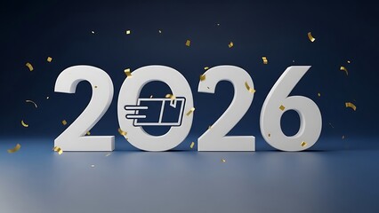  2026 Express Delivery and Fast Shipping Service Concept with Moving Box Icon and Golden Confetti for E-commerce Logistics and Rapid Transport Solutions in the Modern Business Industry