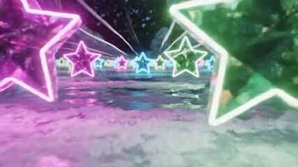 Glowing blue star shining on frozen ground with colorful stars