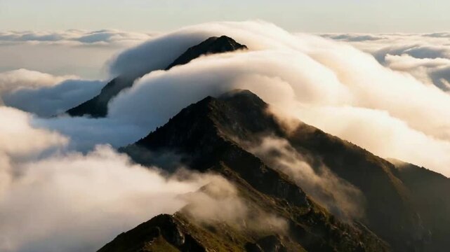 The Drifting Clouds Gently Curl Around the Mountain Peaks: The Cotton-like Cloud Masses Wrap Slowly Around the Layered Mountains, Presenting a Majestic and Poetic Picture Blending the Vastness of the 
