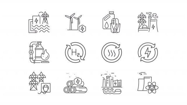 Energy production industry line animation set. Power generation animated icons. Industrial processes, natural resources. Outline elements on white background. HD video with alpha channel