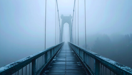 Suspension bridge vanishing into dense morning fog.