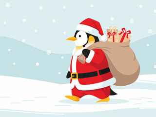 A cute penguin dressed as Santa Claus carrying a sack full of gifts through a snowy landscape.