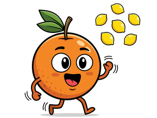 A cheerful cartoon orange character with eyes and a mouth is running with a few small lemons floating in the background.
