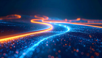 Glowing blue and orange light trails over digital particles.