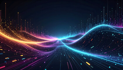 Futuristic neon data waves and glowing digital streams.