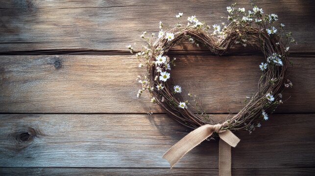 Rustic heart shaped wreath made of twigs and white flowers with bow on wooden background in natural light