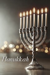 Fototapeta premium Elegant Hanukkah menorah with nine glowing candles on wooden table against festive light background
