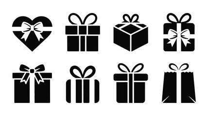 Eight minimalist black gift box icons with different shapes and elegant ribbon details on a bright background