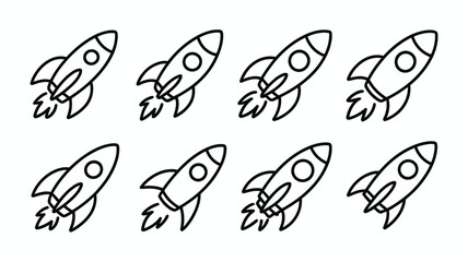 Eight identical line drawn rocket ships with a circle window and fiery exhaust plumes