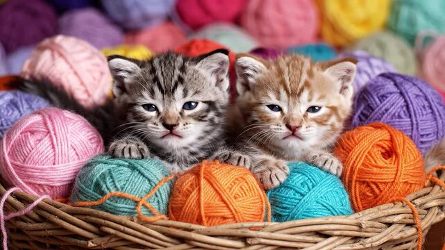 Two adorable kittens playfully posing among colorful yarn balls in a woven basket