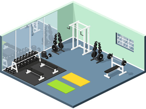 A detailed isometric view of a gym features a mirrored wall, dumbbell racks, flat benches, a squat cage, and a bench press station arranged on a blue floor near green and yellow yoga mats
