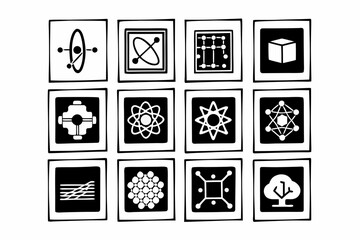 Set of twelve quantum computing icons with abstract scientific symbols