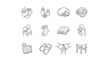 Hygge line animation set. Cozy vibe animated icons. Personal comfort, relaxing lifestyle. Hot drinks, aromatherapy candles. Outline elements on white background. HD video with alpha channel