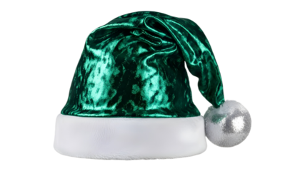 Emerald Green Velvet Santa Hat with White Trim and Silver Pom Pom isolated PNG with Transparent Background
