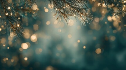 Fototapeta premium A serene close-up of pine branches with soft bokeh lights, creating a dreamy, atmospheric effect in a cool color palette.