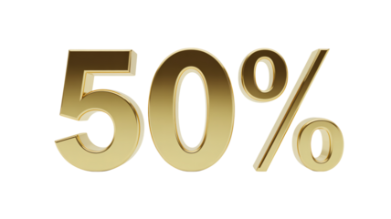 Striking three dimensional golden fifty percent discount symbol on a transparent background for sales
