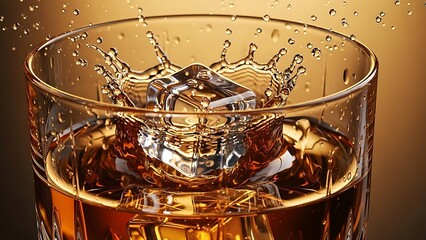 "Dramatic Splash of an Ice Cube into a Glass of Golden Whiskey"
