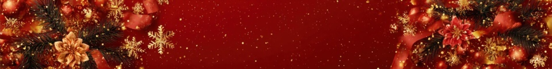 Obraz premium A vibrant red background adorned with festive decorations, including flowers and snowflakes, creating a cheerful holiday atmosphere.