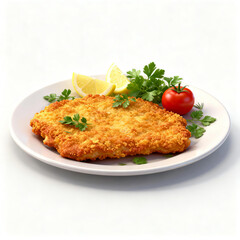 A freshly cooked crispy breaded chicken cutlet served on a white plate, garnished with lemon wedges, a cherry tomato, and fresh parsley. Perfect for a savory meal.