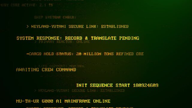 Nostromo cargo ship user Screen with hi-tech Cybersecurity Code Commands