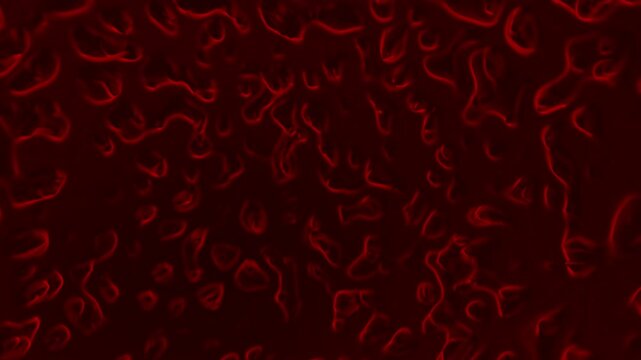 Dark human blood cell liquid animation on red medical science background title space