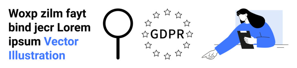 Data privacy, legal compliance, documentation, cybersecurity, personal data protection, data review. Magnifying glass, GDPR symbol woman checking files. Data privacy and legal compliance concept