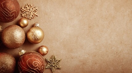A collection of festive Christmas ornaments in gold and brown hues, arranged on a textured, neutral background.