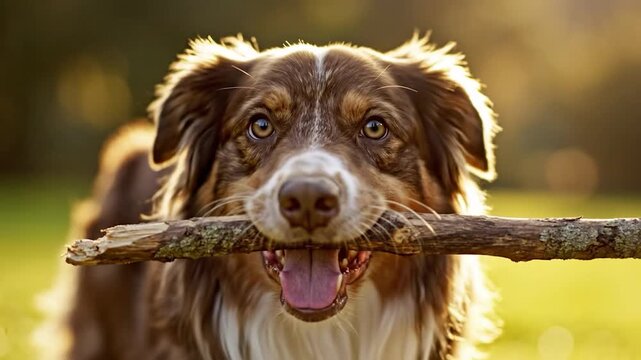 Happy dog carrying a stick in sunlit outdoor park