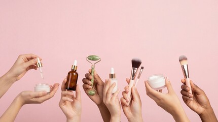 Various hands of women holding beauty products like serum, cream, and facial roller on a soft pink background
