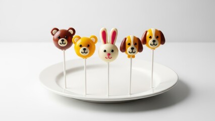 Cute animal-themed cake pops on a white plate - bear, rabbit, puppy designs