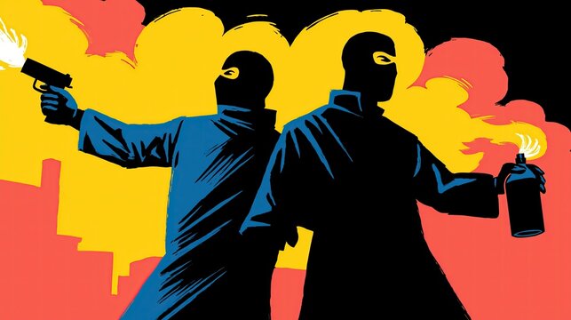 Gang members in balaclavas: one with a mace spray can and the other holding up a shooting gun