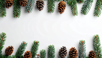 Evergreen branches with pine cones, arranged horizontally, winter daylight mood, minimalist Christmas styling.