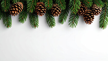 Evergreen branches with pine cones, arranged horizontally, winter daylight mood, minimalist Christmas styling.