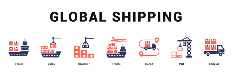 Obraz premium Global Shipping Modern and clean web banner illustration featuring thematic icons for visual communication
