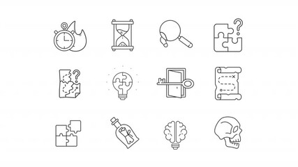 Escape room line animation set. Puzzle solving animated icons. Finding clues, time limit. Creative ideas. Halloween festival. Outline elements on white background. HD video with alpha channel