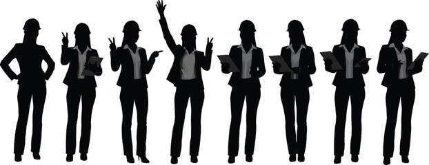 Silhouettes of engineers and business professionals in hard hats, posing with documents and gestures, ideal for construction and technical themes.