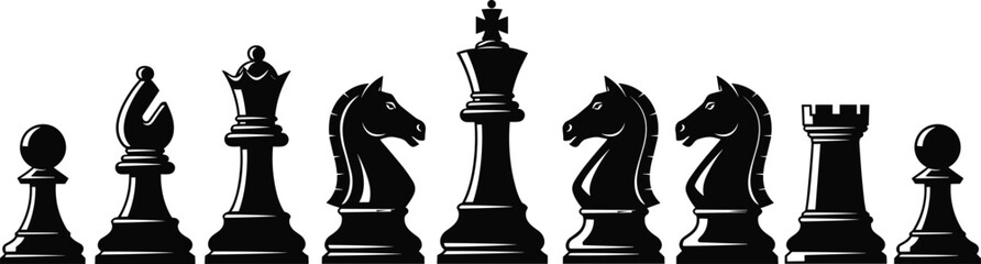 Chess pieces silhouette set symbolizing strategy, leadership, intelligence, competition, logic, classic board game concept illustration isolated white background vector design © Mst