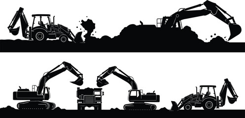 Construction vehicles, excavator, backhoe loader, dump truck, earth moving, silhouette, heavtransport, digging, loader, construction site, machinery, dir © Mst