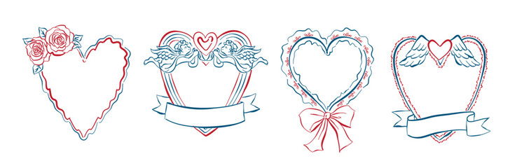 Valentines heart frame in hand-drawn style set, Whimsical drawing heart shape labels, Romantic element for invitations, greeting cards, scrapbooking, sticker, decorative etc.