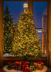 Festive Christmas tree sparkling with lights and gifts by the window
